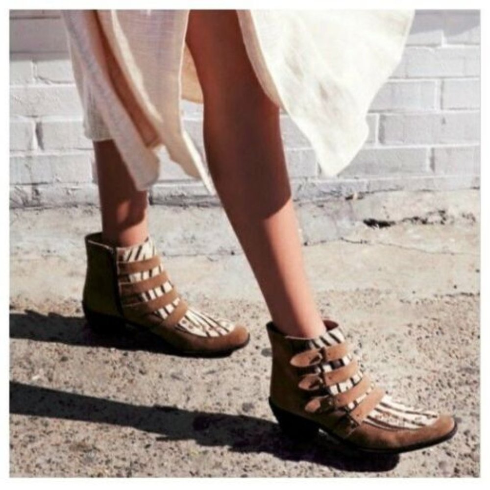 Free People Suede Cow Hair Ranger Tan Ankle Boot